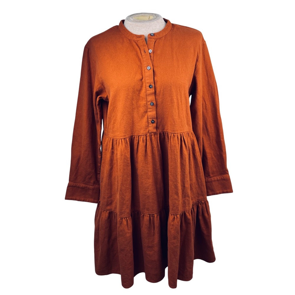 Madewell Womens Rust Orange Cotton Tiered Long Sleeve Mini Dress Small